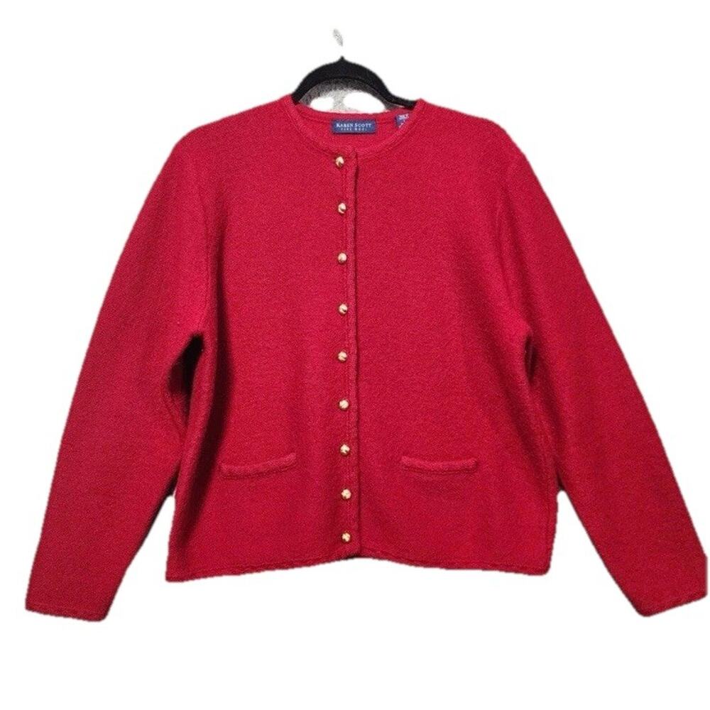 Karen Scott Pure Wool Red Cardigan Size Large Gold‎ Buttons Pockets Valentines